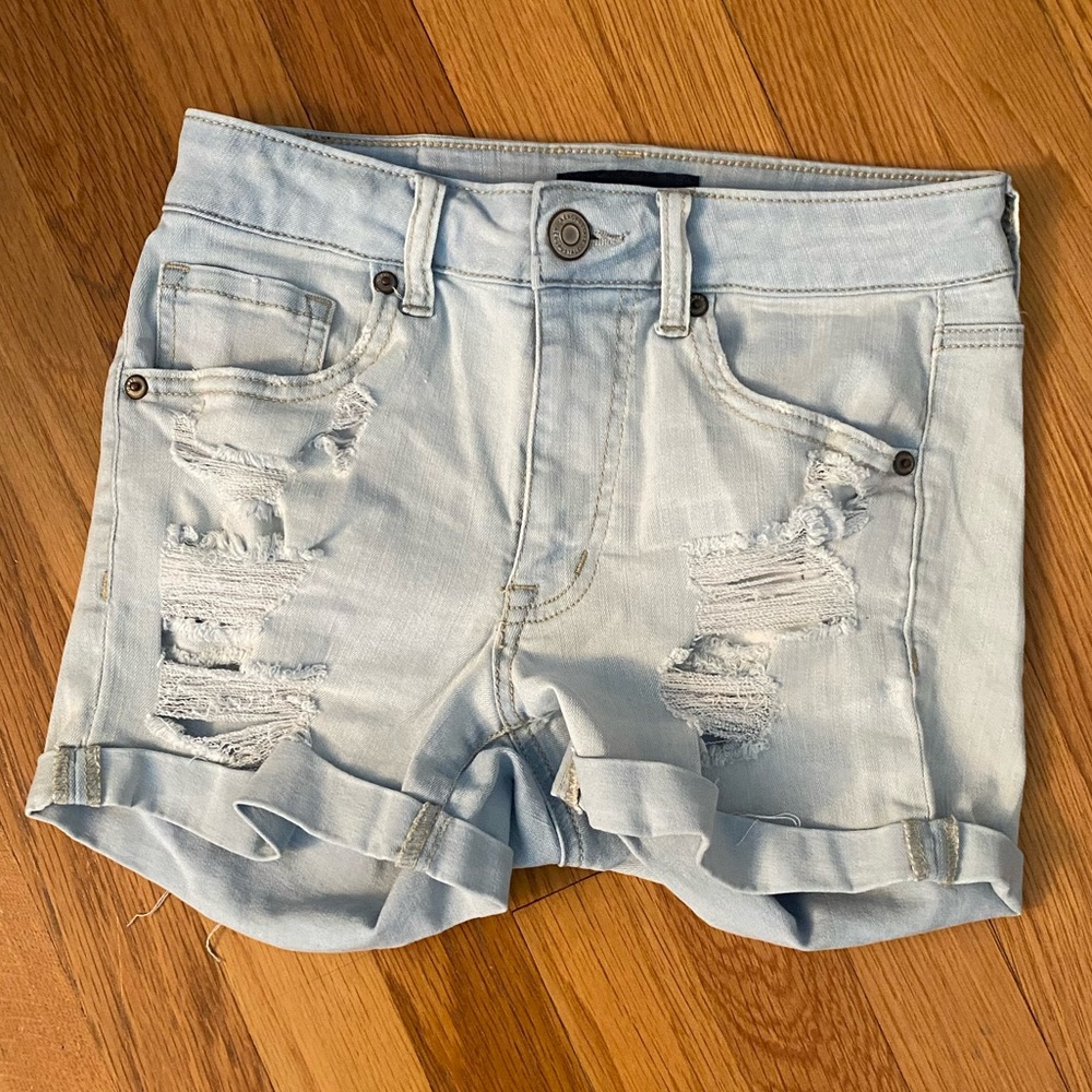 Aeropostale High Waisted Midi Ripped Light Denim Shorts